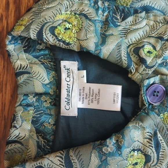 Green/blue Floral Sequin brocade sequins mermaid unique artsy Blazer sz L - Picture 3 of 12